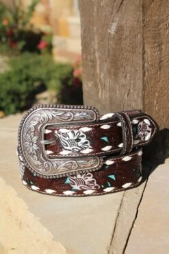 Girl's Buckstitch Floral Turquoise Inlay Belt