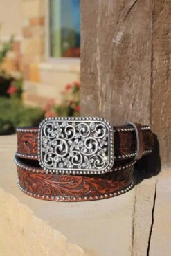 Girl's Floral Tooled Belt With Silver Studs