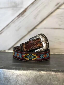 Kid's Tooled Leather And Beaded Belt