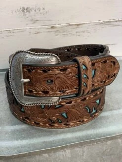 Turquoise Inlay Tooled Western Belt