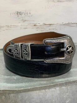 Black Croc Print Tapered Leather Belt