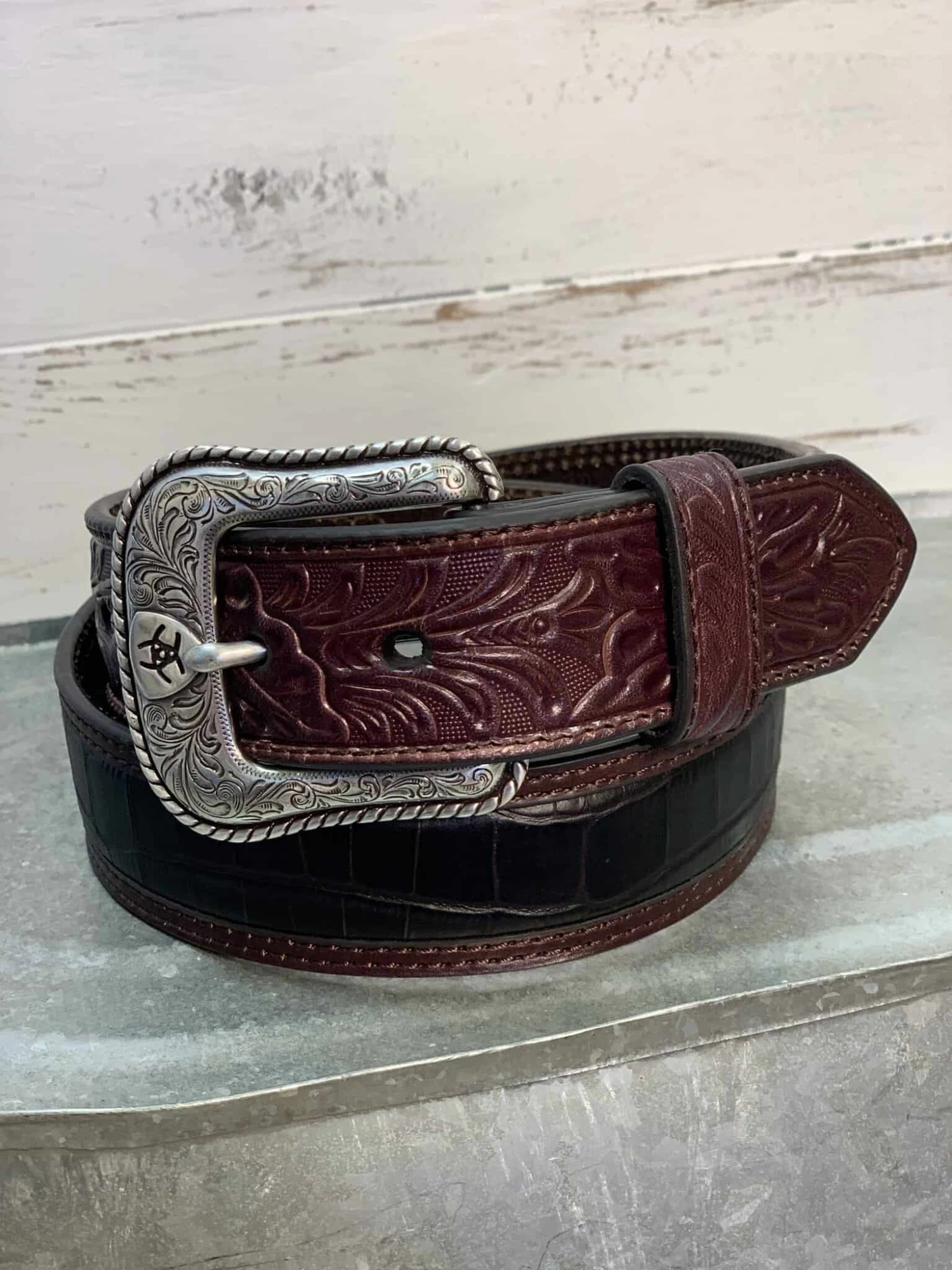 Rich Chocolate Tooled And Black Croc Print Inlay Western Belt 1 Rich Chocolate Tooled And Black Croc Print Inlay Western Belt