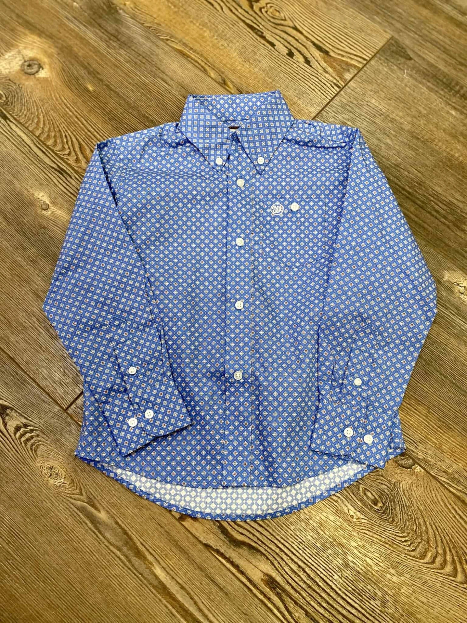 Wrangler Boy's Classic Long Sleeve Button-Down Blue Crossing Print Shirt 1 Wrangler Boy's Classic Long Sleeve Button-Down Blue Crossing Print Shirt