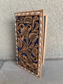 Royal Blue Inlaid Saddle Tan Tooled Rodeo Wallet