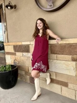 Roper Burgundy Embroidered Dress